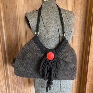 Handmade Knit Purse With Red Button 12”